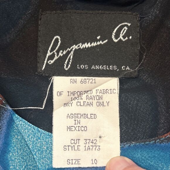 Benjamin A. Dress Womens 10 Vintage Maxi Sleeveless Brown Teal Y2K Silky 90 Leaf - Picture 2 of 3